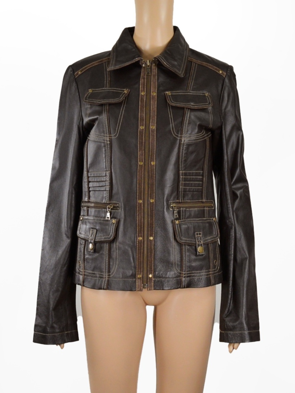 Vintage Le Chateau Y2K Dark Brown Leather Utility Cargo Moto Jacket 2000s
